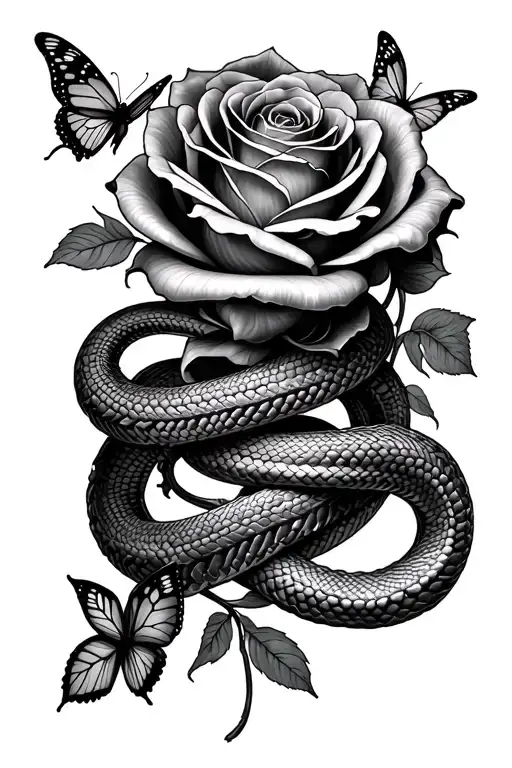 roses intertwined with butterflies and snakes wrapped tattoo design idea