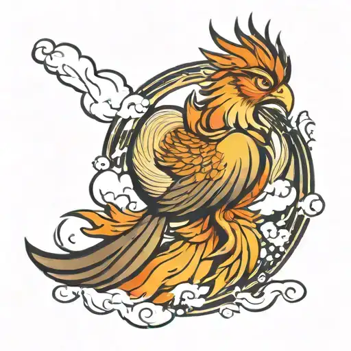 Phoenix bird representing rebirth, a new future with clouds surrounding tattoo design idea