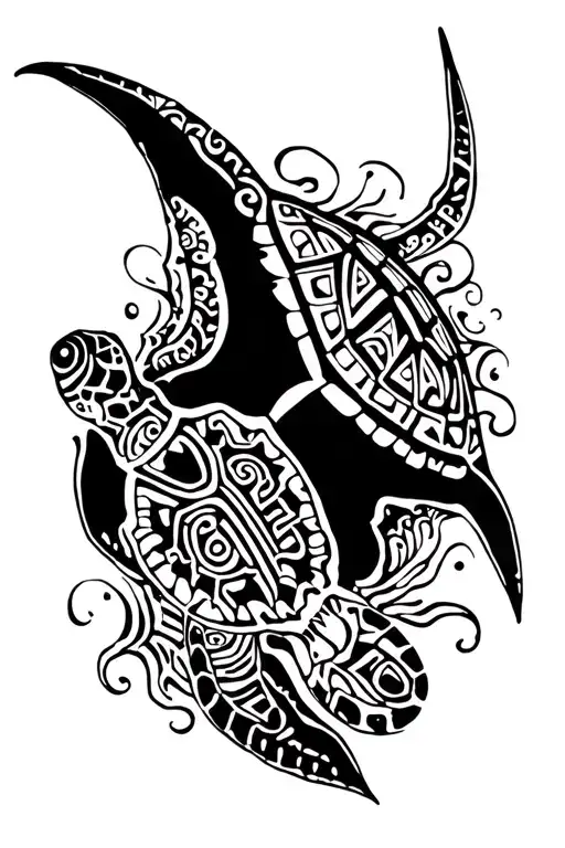 mayan themed manta ray and turtle swimming separately tattoo design idea