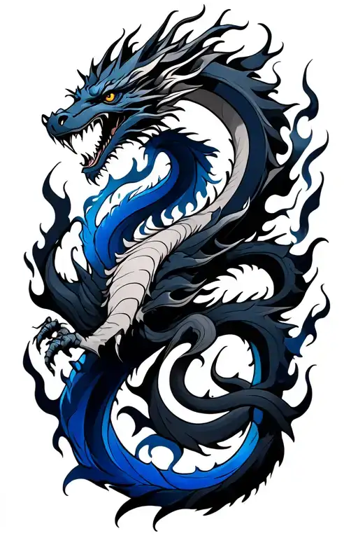 dark blue, black and grey themed tattoo, with lot of details and dragon and flames tattoo design idea