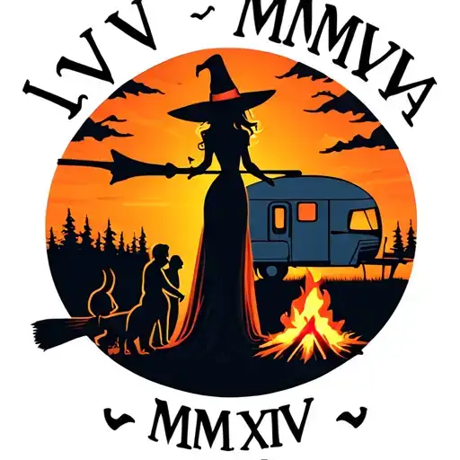 "IV V MMXIV" silhouette of busty sexy witch bride on broomstick over a campsite with a trailer and campfire with children & dog tattoo design idea