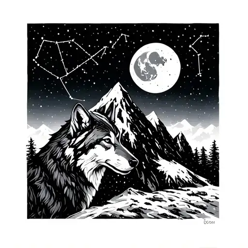 a mountain, a wolf, Scorpio constellation and a moon. small and fine line. tattoo design idea