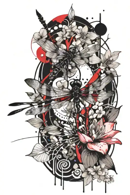 dragonfly, lotus flower with cherry blossom vine, abstract tattoo design idea
