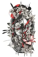 dragonfly, lotus flower with cherry blossom vine, abstract tattoo design idea