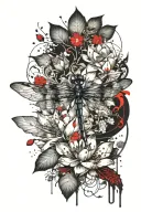 dragonfly, lotus flower with cherry blossom vine, abstract tattoo design idea