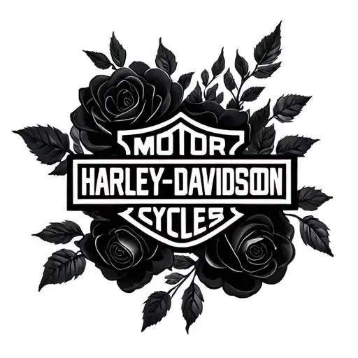 a black realistic shaded Harley Davidson logo with soft black shaded roses around it tattoo design idea