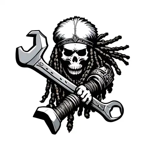 skull dreadlock native warrior holding wrench with shield  tattoo design idea