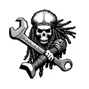 skull dreadlock native warrior holding wrench with shield  tattoo design idea