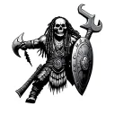 skull dreadlock native warrior holding wrench with shield  tattoo design idea