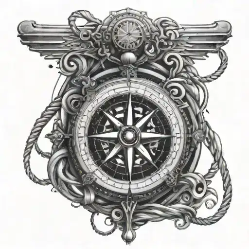 compass pocket watch ship sailing navigation lines forming tattoo design idea