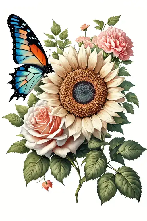 sunflower, rose, carnation, butterfly flying tattoo design idea