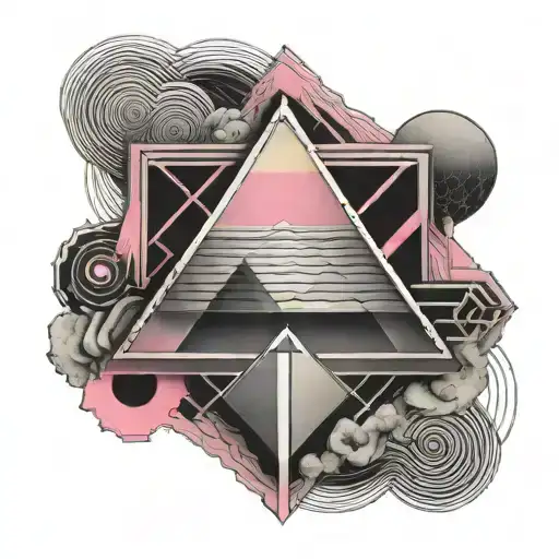 A black-grey tattoo of a geometric design incorporating Pink Floyd's iconic prism and VfB Stuttgart colors tattoo design idea