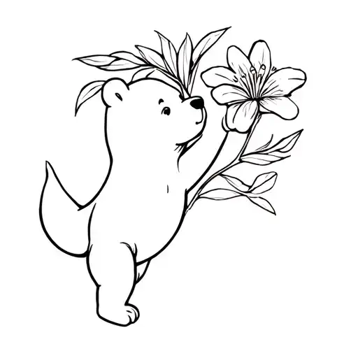 australian native lilly pilly flower outline with vintage winnie the pooh style playful bear cub reaching for the sky tattoo design idea