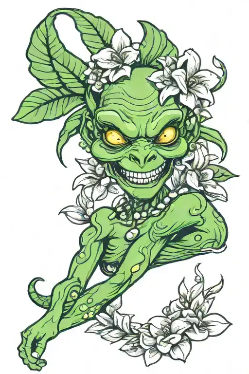 2d animated one green alien smiling wearing gardenia and frangipani flower headband tattoo design idea