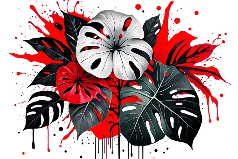 monstera leaves with flora intertwining  tattoo design idea