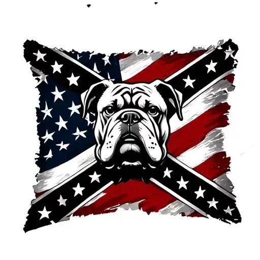small confederate flag square with bulldog face in center with distressed american flag behind in black and white tattoo design idea