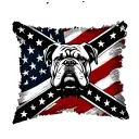 small confederate flag square with bulldog face in center with distressed american flag behind in black and white tattoo design idea