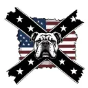 small confederate flag square with bulldog face in center with distressed american flag behind in black and white tattoo design idea