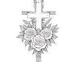 upside down cross surrounded with roses tattoo design idea
