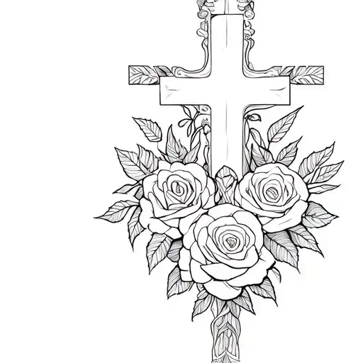 upside down cross surrounded with roses tattoo design idea