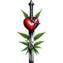 a heart pierced with a dagger, marijuana leaves in the background tattoo design idea