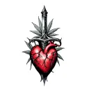 a heart pierced with a dagger, marijuana leaves in the background tattoo design idea