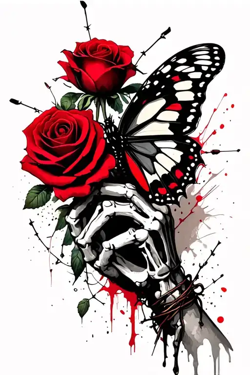 butterfly resting on rose, rose being held by skeleton hand, wrapped in barbed wire tattoo design idea