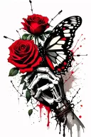butterfly resting on rose, rose being held by skeleton hand, wrapped in barbed wire tattoo design idea