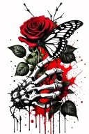 butterfly resting on rose, rose being held by skeleton hand, wrapped in barbed wire tattoo design idea
