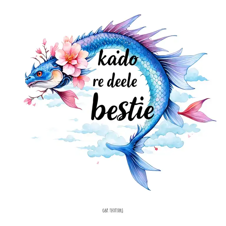 "kaido re delle bestie" draong, fish, blossom, clouds. magic, color tattoo design idea