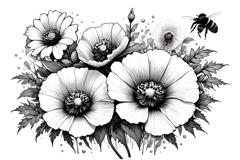 Poppy flower, Violet flower, Lilly Flower, Sunshine, water, and bumble bee tattoo design idea