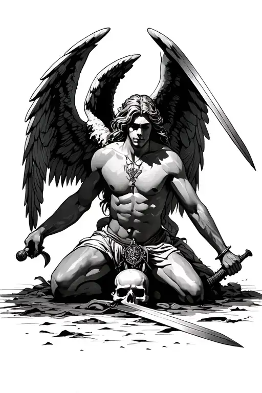 angel wearing a loin cloth on one knee with wings flared stabbing a skull with a broadsword tattoo design idea