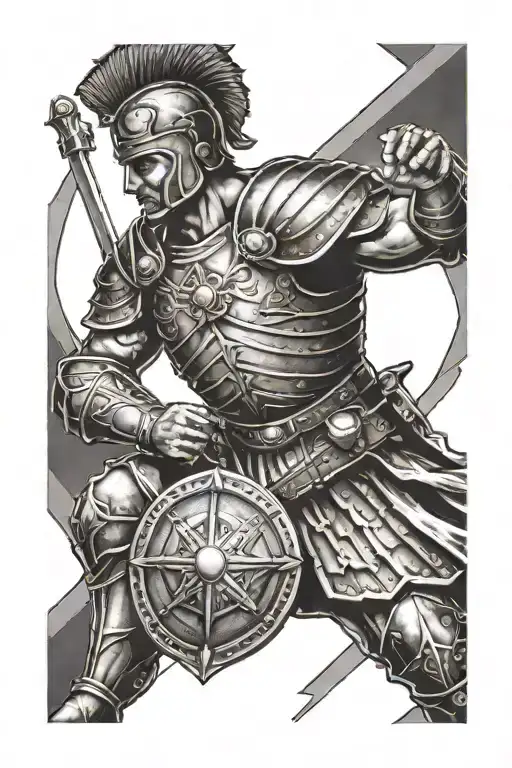 Roman soldier kneeling with sword and shield and sun in background  tattoo design idea