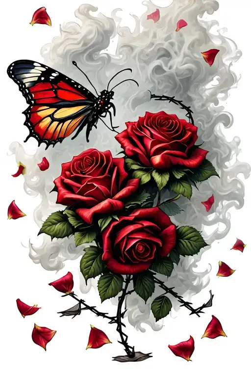 butterfly, two thorny roses surrounding, falling rose pedals fading into smoke, roses wrapped in barbed wire tattoo design idea
