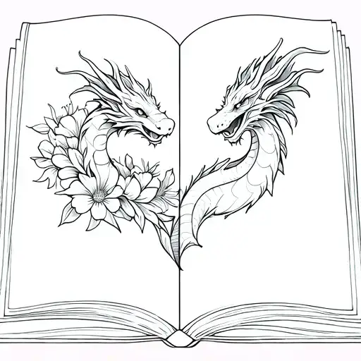 open book come up flowers and a dragon in the middle with simple design tattoo design idea