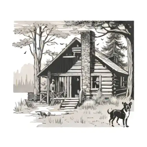 A serene landscape scene of a cabin in the woods with a Boston terrier lounging on the porch, while a hunter prepares for a day of hunting tattoo design idea