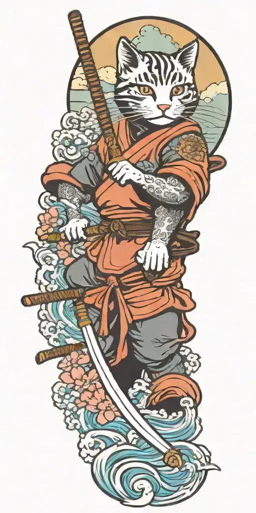 ninja cat holding katana, helmet, water, waves, lotus, sakura, clouds, whirlpool, leaves tattoo design idea