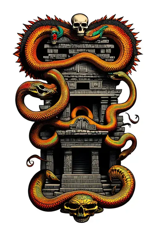 aztec temple with snakes and skulls surrounded tattoo design idea