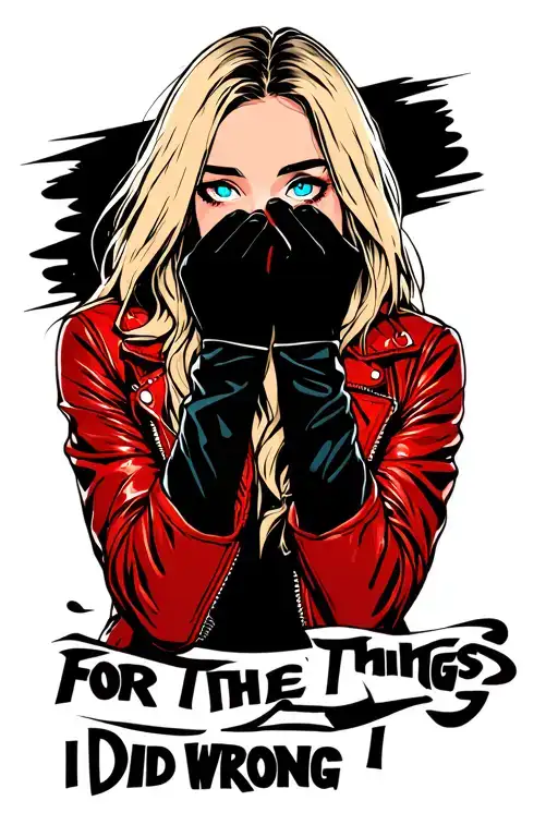"FOR THE THINGS I DID WRONG" a blonde girl with striking blue eyes wearing a red leather jacket, covering her mouth with her hands tattoo design idea