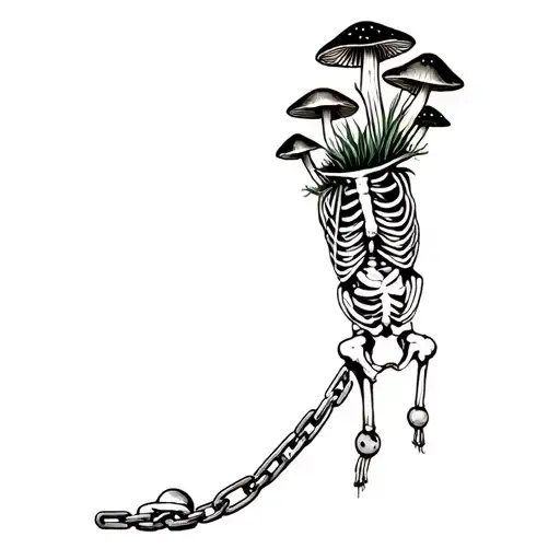 skeleton, mushrooms growing out of it with a ball and chain on the skeletons ankle tattoo design idea
