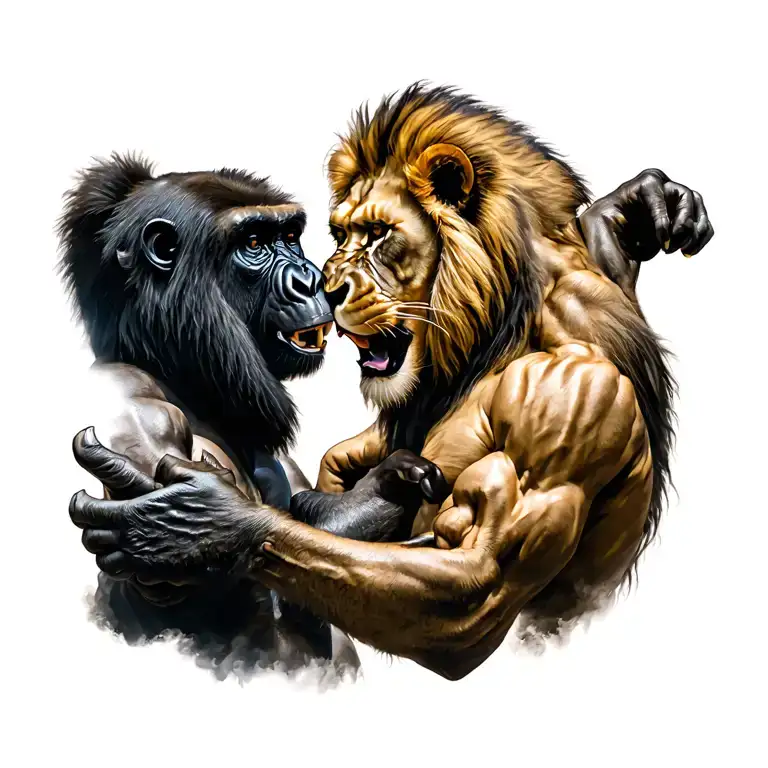 lion and gorilla fighting tattoo design idea