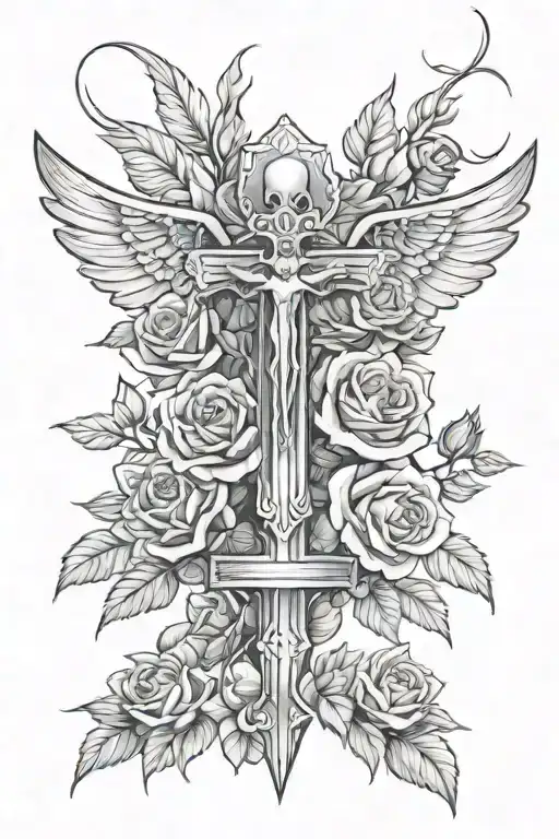golgotha roses and wing tattoo design idea