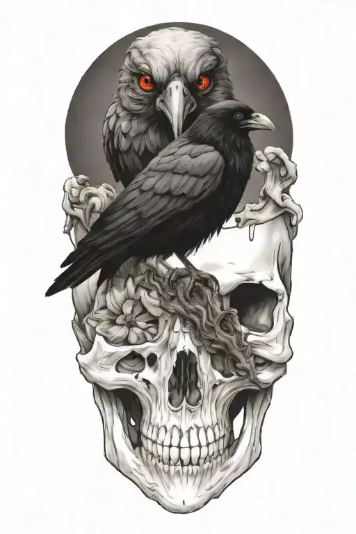 gothic raven on skull tattoo design idea