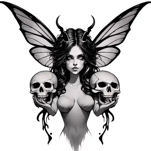 simple Demonic fairy holding skulls tattoo design idea