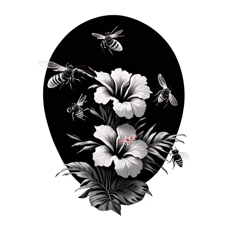 Hawaiian theme with hibiscus and bees flying tattoo design idea