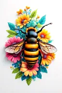 bee with flowers tattoo design idea