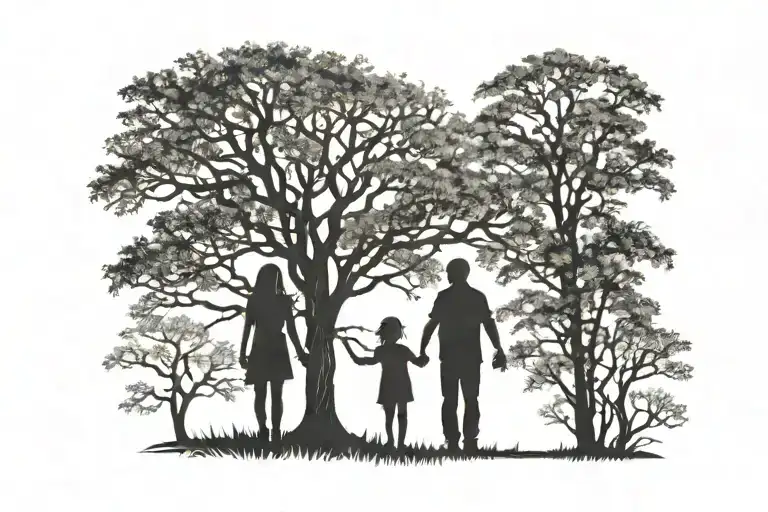 A silhouetted family 4 holding hands under a tree tattoo design idea