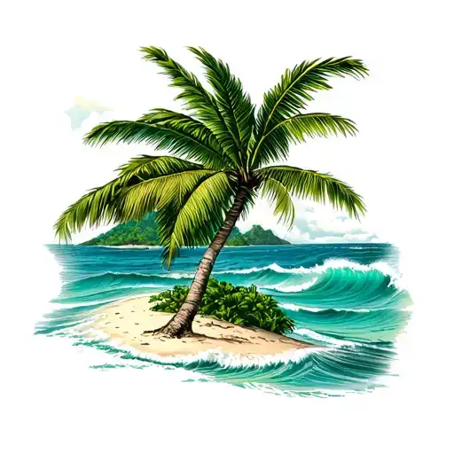 island of aruba, divi tree, ocean waves, palm tree tattoo design idea