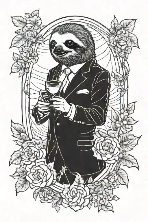 A sloth in a suit holding a glass of scotch sur la lune tattoo design idea