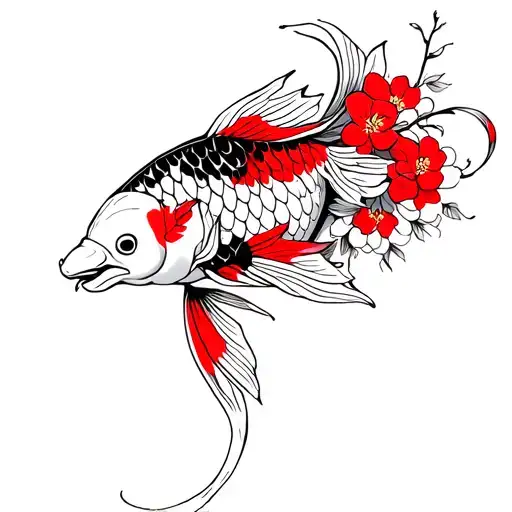 A detailed tattoo design featuring a koi fish with red and black scales , entwined with stylized red flowers and leaves tattoo design idea